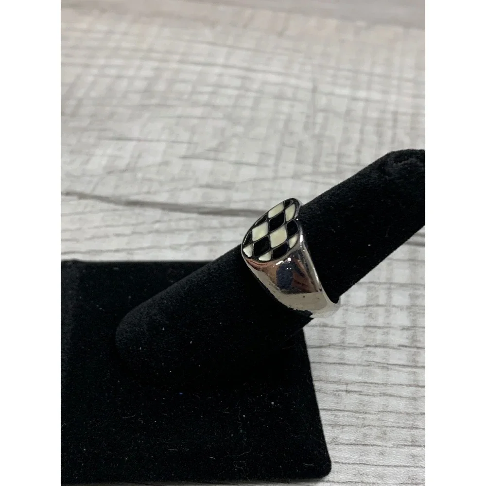 Silver Tone Black White Checkered Heart Enamel Adjustable Ring Size 7 Y2K Retro